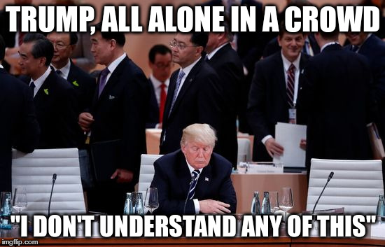 All Alone | TRUMP, ALL ALONE IN A CROWD; "I DON'T UNDERSTAND ANY OF THIS" | image tagged in trump,stupid,republican | made w/ Imgflip meme maker