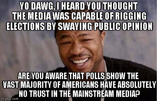 Yo Dawg Heard You Meme | YO DAWG, I HEARD YOU THOUGHT THE MEDIA WAS CAPABLE OF RIGGING ELECTIONS BY SWAYING PUBLIC OPINION ARE YOU AWARE THAT POLLS SHOW THE VAST MAJ | image tagged in memes,yo dawg heard you | made w/ Imgflip meme maker