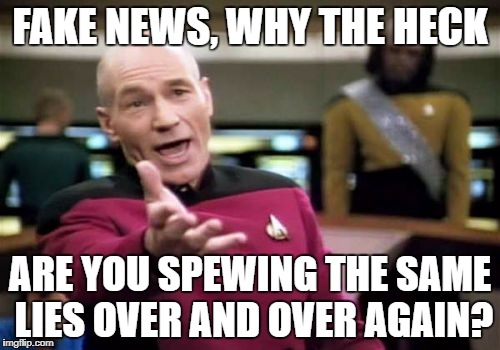 Picard Wtf | FAKE NEWS, WHY THE HECK; ARE YOU SPEWING THE SAME LIES OVER AND OVER AGAIN? | image tagged in memes,picard wtf | made w/ Imgflip meme maker