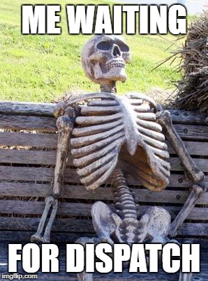 Waiting Skeleton | ME WAITING; FOR DISPATCH | image tagged in memes,waiting skeleton | made w/ Imgflip meme maker