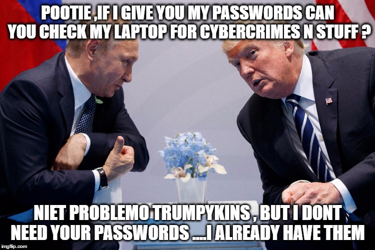 Trump ask putin for help with cybercrime | POOTIE ,IF I GIVE YOU MY PASSWORDS CAN YOU CHECK MY LAPTOP FOR CYBERCRIMES N STUFF ? NIET PROBLEMO TRUMPYKINS , BUT I DONT NEED YOUR PASSWORDS ....I ALREADY HAVE THEM | image tagged in trump and putin g20,cybercrime | made w/ Imgflip meme maker