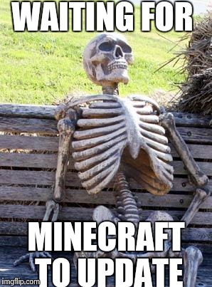 Waiting Skeleton | WAITING FOR; MINECRAFT TO UPDATE | image tagged in memes,waiting skeleton | made w/ Imgflip meme maker