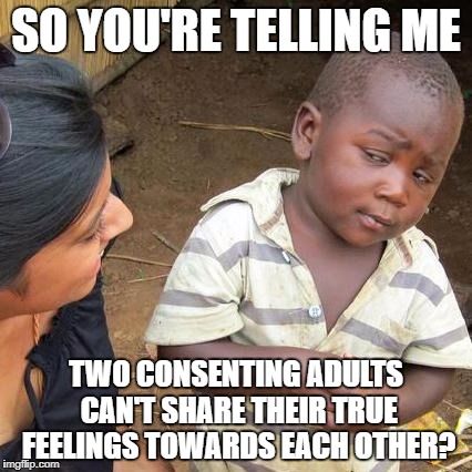 Third World Skeptical Kid Meme | SO YOU'RE TELLING ME TWO CONSENTING ADULTS CAN'T SHARE THEIR TRUE FEELINGS TOWARDS EACH OTHER? | image tagged in memes,third world skeptical kid | made w/ Imgflip meme maker