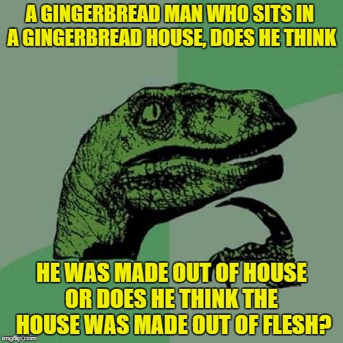 Year already half over ... X-mas will be soon |  A GINGERBREAD MAN WHO SITS IN A GINGERBREAD HOUSE, DOES HE THINK; HE WAS MADE OUT OF HOUSE OR DOES HE THINK THE  HOUSE WAS MADE OUT OF FLESH? | image tagged in memes,philosoraptor,funny,x-mas,gingerbread | made w/ Imgflip meme maker