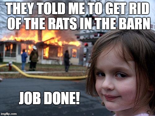 Barnburner! | THEY TOLD ME TO GET RID OF THE RATS IN THE BARN; JOB DONE! | image tagged in memes,disaster girl | made w/ Imgflip meme maker