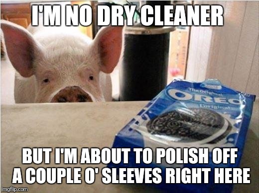 vegan junk food | I'M NO DRY CLEANER; BUT I'M ABOUT TO POLISH OFF A COUPLE O' SLEEVES RIGHT HERE | image tagged in vegan junk food | made w/ Imgflip meme maker