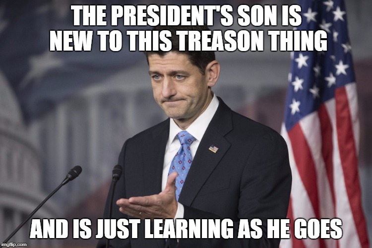I've Heard That Somewhere |  THE PRESIDENT'S SON IS NEW TO THIS TREASON THING; AND IS JUST LEARNING AS HE GOES | image tagged in paul ryan,donald trump jr,treason,trump russia collusion | made w/ Imgflip meme maker