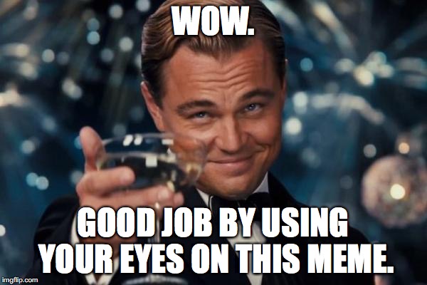 WOW. GOOD JOB BY USING YOUR EYES ON THIS MEME. | image tagged in memes,leonardo dicaprio cheers | made w/ Imgflip meme maker