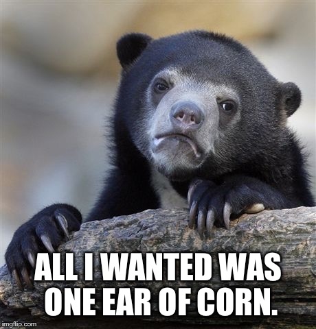 Confession Bear Meme | ALL I WANTED WAS ONE EAR OF CORN. | image tagged in memes,confession bear | made w/ Imgflip meme maker