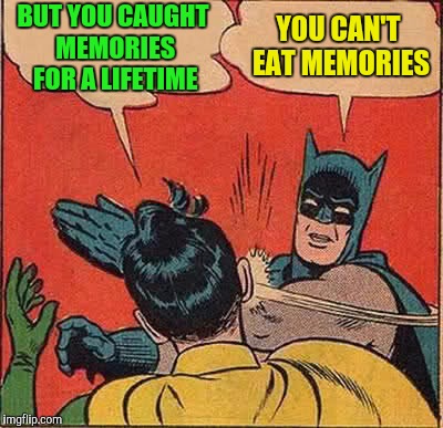 Batman Slapping Robin Meme | BUT YOU CAUGHT MEMORIES FOR A LIFETIME YOU CAN'T EAT MEMORIES | image tagged in memes,batman slapping robin | made w/ Imgflip meme maker