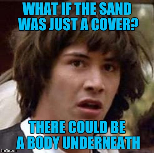 Conspiracy Keanu Meme | WHAT IF THE SAND WAS JUST A COVER? THERE COULD BE A BODY UNDERNEATH | image tagged in memes,conspiracy keanu | made w/ Imgflip meme maker