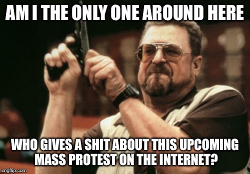 Am I The Only One Around Here | AM I THE ONLY ONE AROUND HERE; WHO GIVES A SHIT ABOUT THIS UPCOMING MASS PROTEST ON THE INTERNET? | image tagged in memes,am i the only one around here | made w/ Imgflip meme maker