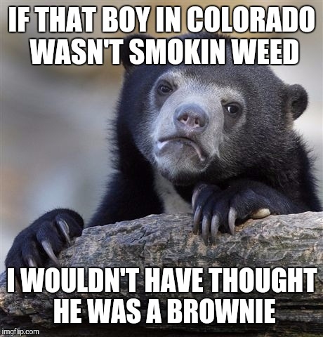 Never Leave Food at Your Campsite | IF THAT BOY IN COLORADO WASN'T SMOKIN WEED; I WOULDN'T HAVE THOUGHT HE WAS A BROWNIE | image tagged in memes,confession bear,lol so funny,smokey the bear,first world stoner problems,oh shit | made w/ Imgflip meme maker
