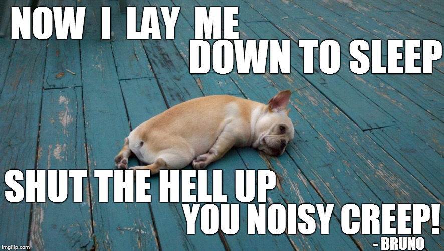 NOW  I  LAY  ME - BRUNO DOWN TO SLEEP YOU NOISY CREEP! SHUT THE HELL UP | made w/ Imgflip meme maker