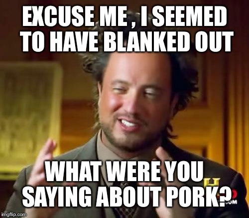Ancient Aliens Meme | EXCUSE ME , I SEEMED TO HAVE BLANKED OUT WHAT WERE YOU SAYING ABOUT PORK? | image tagged in memes,ancient aliens | made w/ Imgflip meme maker