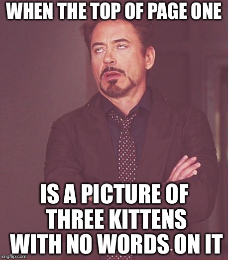 Face You Make Robert Downey Jr Meme | WHEN THE TOP OF PAGE ONE; IS A PICTURE OF THREE KITTENS WITH NO WORDS ON IT | image tagged in memes,face you make robert downey jr | made w/ Imgflip meme maker