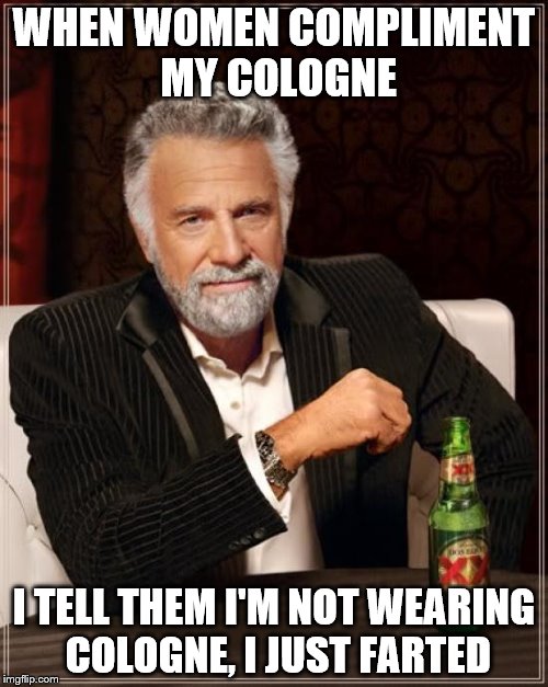 The Most Interesting Man In The World | WHEN WOMEN COMPLIMENT MY COLOGNE; I TELL THEM I'M NOT WEARING COLOGNE, I JUST FARTED | image tagged in memes,the most interesting man in the world | made w/ Imgflip meme maker