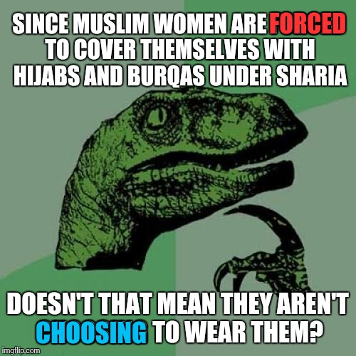 Philosoraptor Meme | FORCED; SINCE MUSLIM WOMEN ARE FORCED TO COVER THEMSELVES WITH HIJABS AND BURQAS UNDER SHARIA; DOESN'T THAT MEAN THEY AREN'T CHOOSING TO WEAR THEM? CHOOSING | image tagged in memes,philosoraptor | made w/ Imgflip meme maker