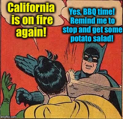 Batman Slapping Robin Meme | California is on fire again! Yes, BBQ time! Remind me to stop and get some potato salad! | image tagged in memes,batman slapping robin,evilmandoevil,funny | made w/ Imgflip meme maker