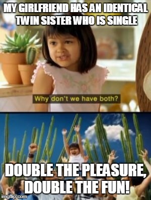 Why Not Both Meme | MY GIRLFRIEND HAS AN IDENTICAL TWIN SISTER WHO IS SINGLE; DOUBLE THE PLEASURE, DOUBLE THE FUN! | image tagged in memes,why not both | made w/ Imgflip meme maker