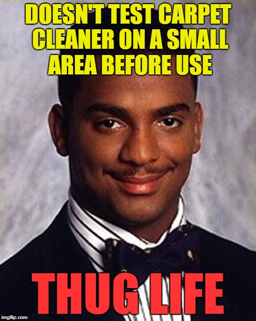 Aaaand the carpet's ruined... :) | DOESN'T TEST CARPET CLEANER ON A SMALL AREA BEFORE USE; THUG LIFE | image tagged in carlton banks thug life,memes,cleaning,carpet,housework | made w/ Imgflip meme maker