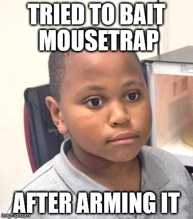 Minor Mistake Marvin Meme | TRIED TO BAIT MOUSETRAP; AFTER ARMING IT | image tagged in memes,minor mistake marvin,AdviceAnimals | made w/ Imgflip meme maker