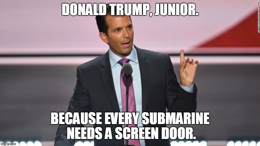 Submarine, Screen Door | DONALD TRUMP, JUNIOR. BECAUSE EVERY SUBMARINE NEEDS A SCREEN DOOR. | image tagged in donald trump,leaks,lies,russia,trump russia collusion | made w/ Imgflip meme maker
