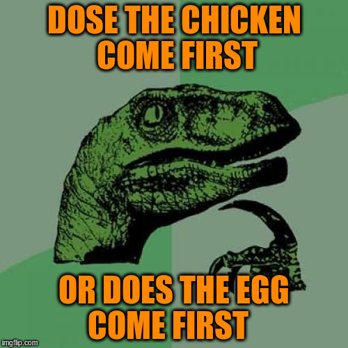 What Comes First | DOSE THE CHICKEN COME FIRST; OR DOES THE EGG COME FIRST | image tagged in memes,philosoraptor,funny | made w/ Imgflip meme maker