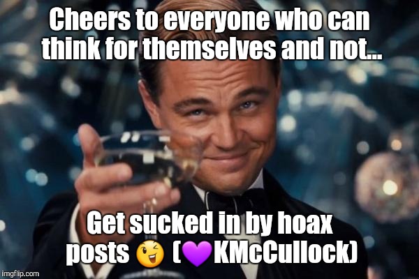 Leonardo Dicaprio Cheers Meme | Cheers to everyone who can think for themselves and not... Get sucked in by hoax posts 😉 (💜KMcCullock) | image tagged in memes,leonardo dicaprio cheers | made w/ Imgflip meme maker