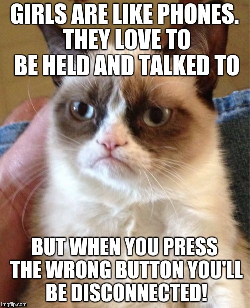 Grumpy Cat Meme | GIRLS ARE LIKE PHONES. THEY LOVE TO BE HELD AND TALKED TO BUT WHEN YOU PRESS THE WRONG BUTTON YOU'LL BE DISCONNECTED! | image tagged in memes,grumpy cat | made w/ Imgflip meme maker