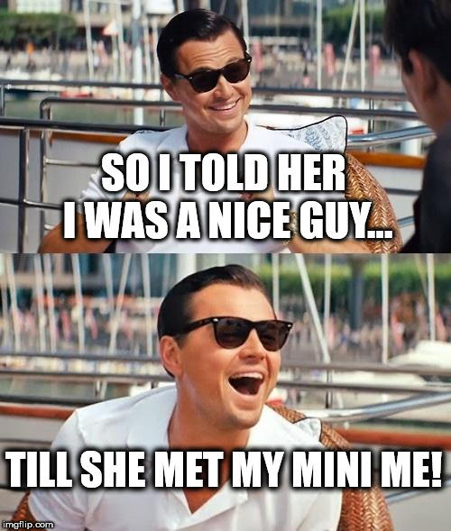 Nice guy | SO I TOLD HER I WAS A NICE GUY... TILL SHE MET MY MINI ME! | image tagged in memes,leonardo dicaprio wolf of wall street,funny memes,funny meme,too funny | made w/ Imgflip meme maker