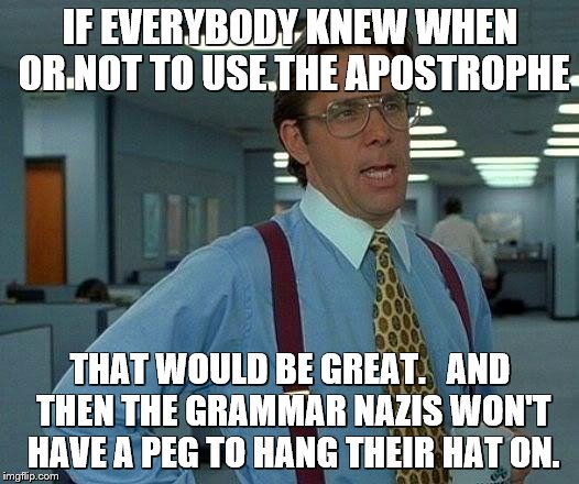 That Would Be Great Meme | IF EVERYBODY KNEW WHEN OR NOT TO USE THE APOSTROPHE THAT WOULD BE GREAT.   AND THEN THE GRAMMAR NAZIS WON'T HAVE A PEG TO HANG THEIR HAT ON. | image tagged in memes,that would be great | made w/ Imgflip meme maker