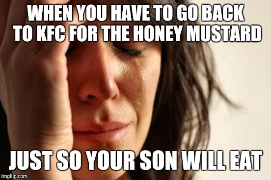 First World Problems Meme | WHEN YOU HAVE TO GO BACK TO KFC FOR THE HONEY MUSTARD; JUST SO YOUR SON WILL EAT | image tagged in memes,first world problems | made w/ Imgflip meme maker