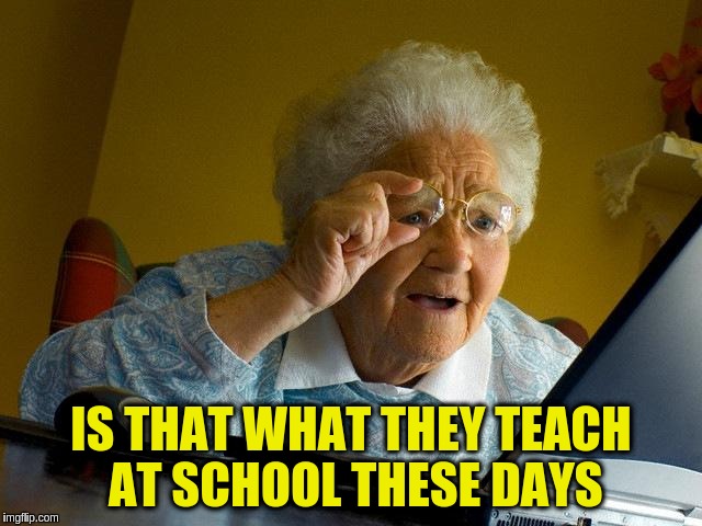 Grandma Finds The Internet Meme | IS THAT WHAT THEY TEACH AT SCHOOL THESE DAYS | image tagged in memes,grandma finds the internet | made w/ Imgflip meme maker