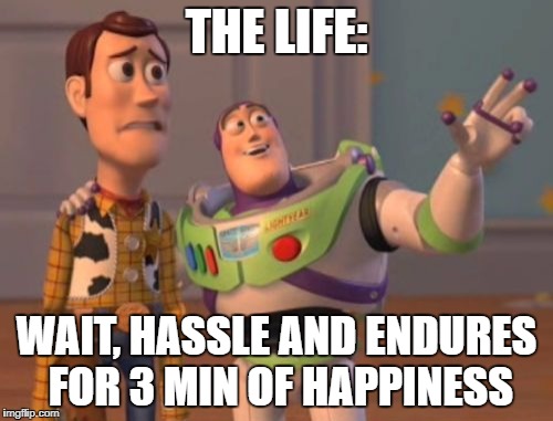 X, X Everywhere | THE LIFE:; WAIT, HASSLE AND ENDURES FOR 3 MIN OF HAPPINESS | image tagged in memes,x x everywhere | made w/ Imgflip meme maker