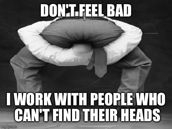 DON'T FEEL BAD I WORK WITH PEOPLE WHO CAN'T FIND THEIR HEADS | made w/ Imgflip meme maker