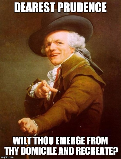 Joseph Ducreux Meme | DEAREST PRUDENCE; WILT THOU EMERGE FROM THY DOMICILE AND RECREATE? | image tagged in memes,joseph ducreux | made w/ Imgflip meme maker