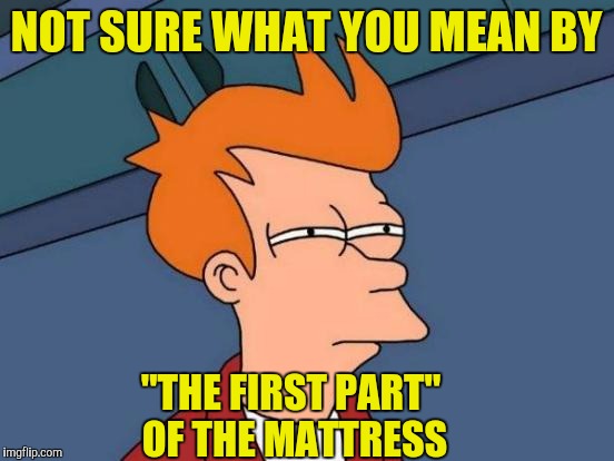 Futurama Fry Meme | NOT SURE WHAT YOU MEAN BY "THE FIRST PART" OF THE MATTRESS | image tagged in memes,futurama fry | made w/ Imgflip meme maker