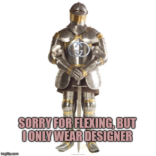 Classy... Sophisticated... Protective... I accept nothing less to wear on Crusade  | SORRY FOR FLEXING, BUT I ONLY WEAR DESIGNER | image tagged in memes,knight,gucci,designer | made w/ Imgflip meme maker
