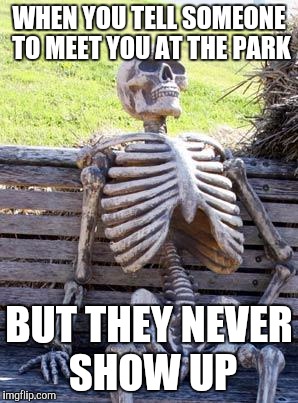 Waiting Skeleton | WHEN YOU TELL SOMEONE TO MEET YOU AT THE PARK; BUT THEY NEVER SHOW UP | image tagged in memes,waiting skeleton | made w/ Imgflip meme maker