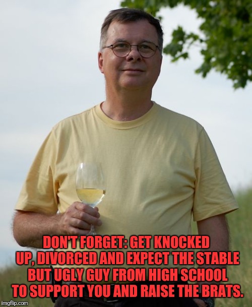 DON'T FORGET: GET KNOCKED UP, DIVORCED AND EXPECT THE STABLE BUT UGLY GUY FROM HIGH SCHOOL TO SUPPORT YOU AND RAISE THE BRATS. | made w/ Imgflip meme maker