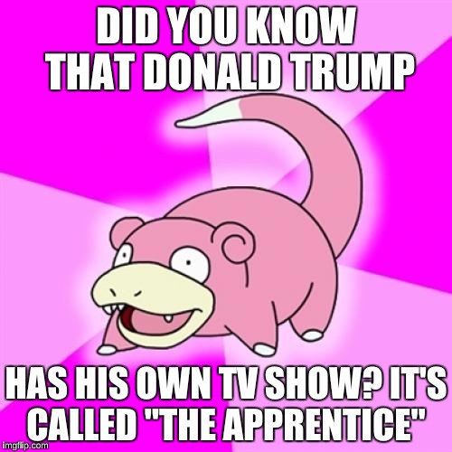 Slowpoke | DID YOU KNOW THAT DONALD TRUMP; HAS HIS OWN TV SHOW? IT'S CALLED "THE APPRENTICE" | image tagged in memes,slowpoke | made w/ Imgflip meme maker