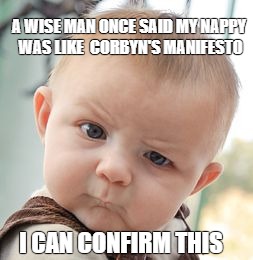 Skeptical Baby Meme | A WISE MAN ONCE SAID MY NAPPY WAS LIKE  CORBYN'S MANIFESTO; I CAN CONFIRM THIS | image tagged in memes,skeptical baby | made w/ Imgflip meme maker