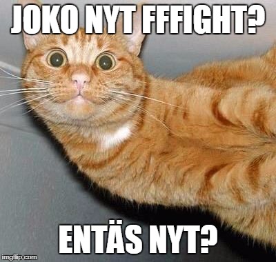 tuesday cat | JOKO NYT FFFIGHT? ENTÄS NYT? | image tagged in tuesday cat | made w/ Imgflip meme maker