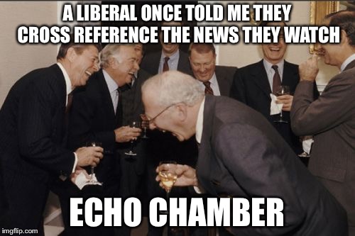 A purveyor of information will make a claim, which many like-minded people then repeat, overhear, and repeat again  | A LIBERAL ONCE TOLD ME THEY CROSS REFERENCE THE NEWS THEY WATCH; ECHO CHAMBER | image tagged in memes,laughing men in suits | made w/ Imgflip meme maker