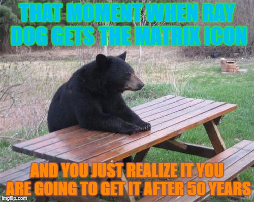 Bad Luck Bear Meme | THAT MOMENT WHEN RAY DOG GETS THE MATRIX ICON; AND YOU JUST REALIZE IT YOU ARE GOING TO GET IT AFTER 50 YEARS | image tagged in memes,bad luck bear | made w/ Imgflip meme maker