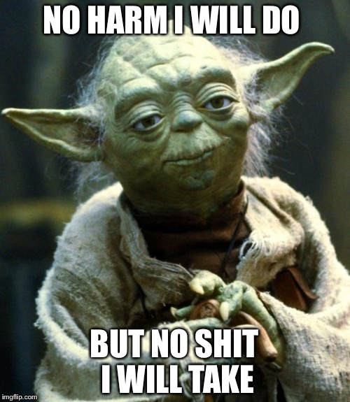 Star Wars Yoda | NO HARM I WILL DO; BUT NO SHIT I WILL TAKE | image tagged in memes,star wars yoda | made w/ Imgflip meme maker