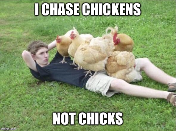 Chickens on guy | I CHASE CHICKENS; NOT CHICKS | image tagged in chickens on guy | made w/ Imgflip meme maker