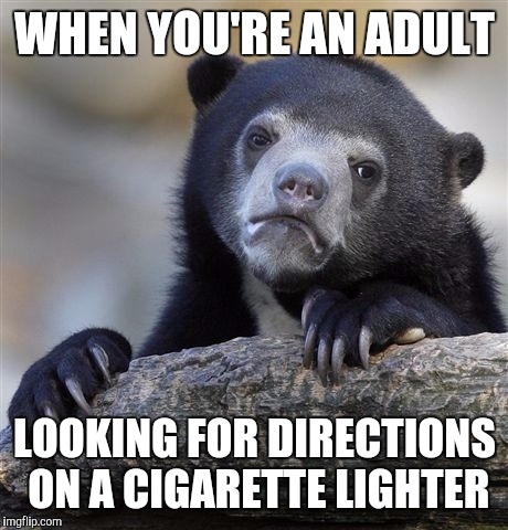 Confession Bear Meme | WHEN YOU'RE AN ADULT; LOOKING FOR DIRECTIONS ON A CIGARETTE LIGHTER | image tagged in memes,confession bear | made w/ Imgflip meme maker