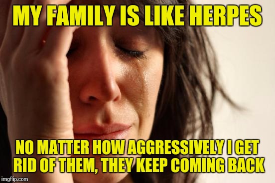 First World Problems Meme | MY FAMILY IS LIKE HERPES NO MATTER HOW AGGRESSIVELY I GET RID OF THEM, THEY KEEP COMING BACK | image tagged in memes,first world problems | made w/ Imgflip meme maker